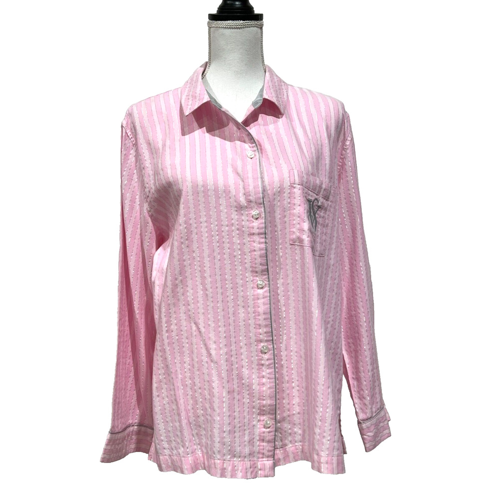 Victoria's Secret Womens Flannel Long PJ Set Pink Stripe Silver‎ Threads Size L